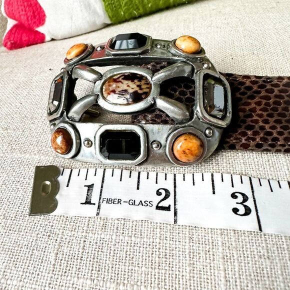 Vintage Fahrenheit Brown Black Leather Belt Large Jewel Buckle Rich Auntie M - Picture 3 of 11